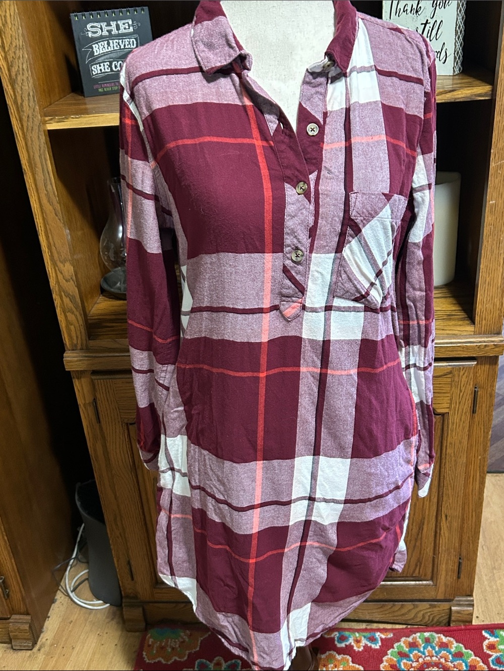 SO Burgundy Plaid Long-Sleeve Shirt Dress With Pockets Medium
